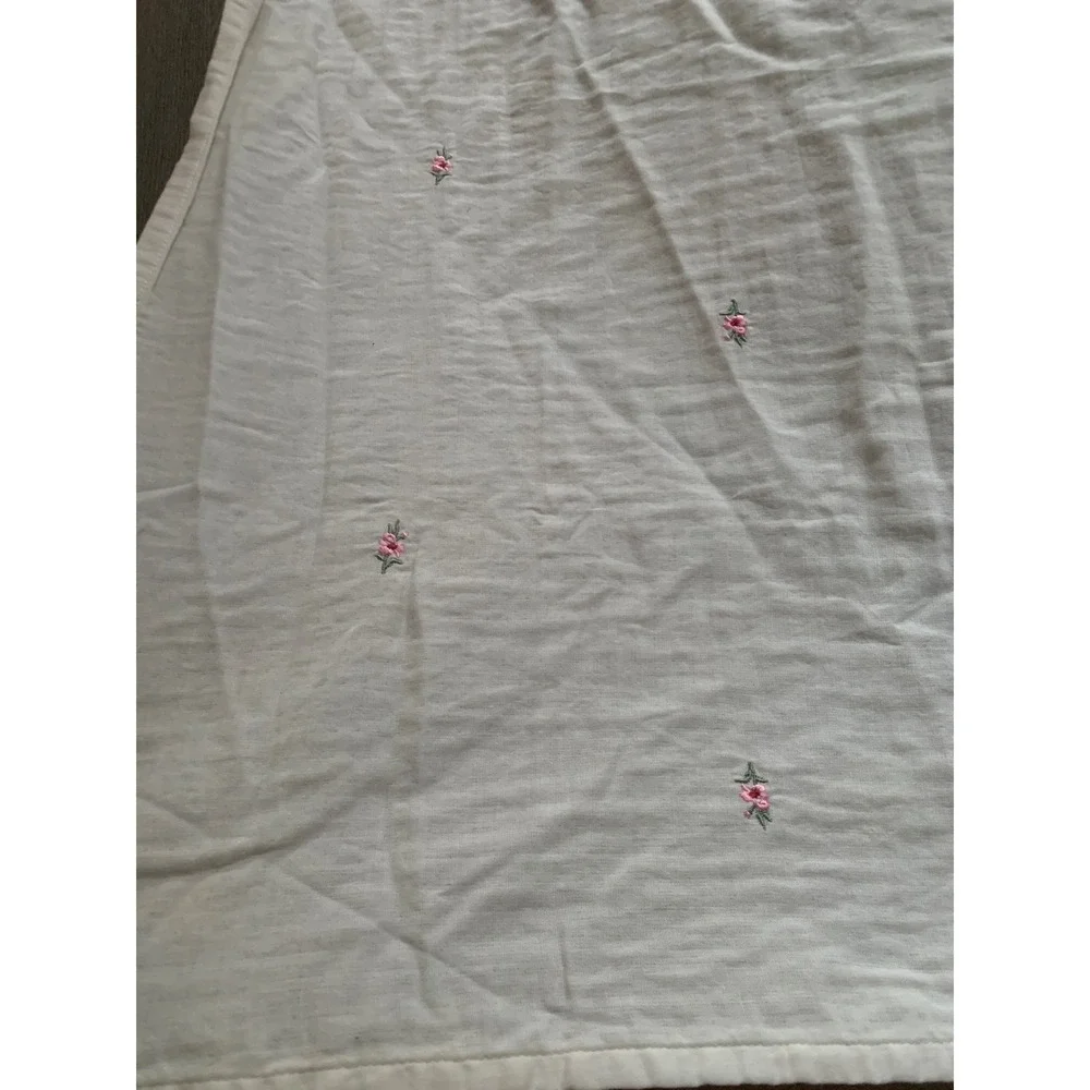 White Cotton Floral Embroidered Shower Curtain Pink Rosebud Cottagecore 70x75